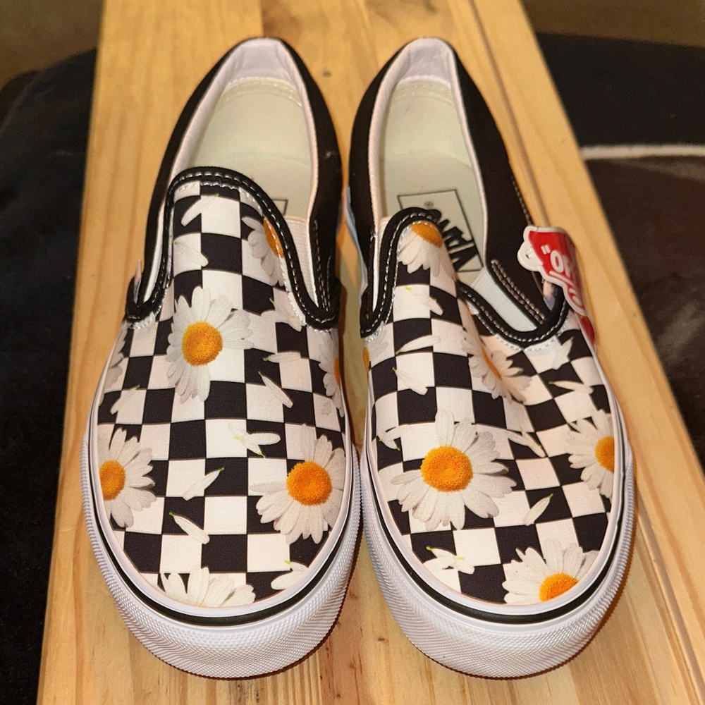 Vans Checkerboard Slip-On with Daisy Accents, NWT, never been worn.
